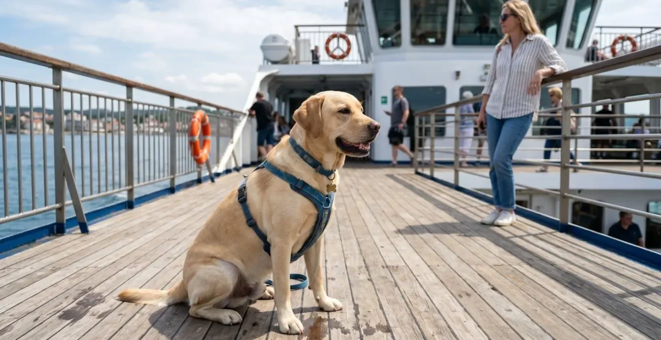 Un chien labrador de taille moyenne assis sur le pont extérieur ensoleillé d'un ferry moderne avec son propriétaire flou en arrière-plan, lumière naturelle d'été, ambiance décontractée