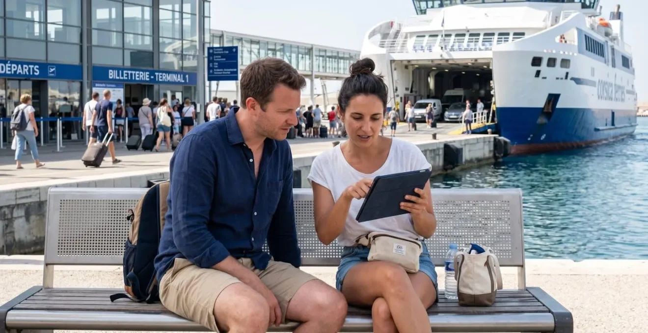 Deux personnes assises sur un banc près d'un terminal de ferry moderne consultent une tablette ensemble, vues de profil, avec un ferry contemporain visible en arrière-plan dans une lumière matinale naturelle