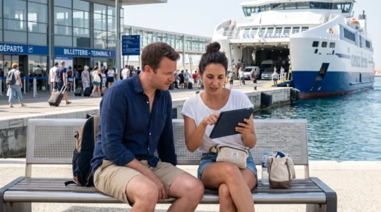 Deux personnes assises sur un banc près d'un terminal de ferry moderne consultent une tablette ensemble, vues de profil, avec un ferry contemporain visible en arrière-plan dans une lumière matinale naturelle