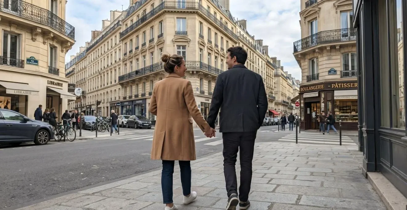Un couple trentenaire vu de profil marche dans une rue parisienne typique du 8ème arrondissement bordée d'immeubles haussmanniens élégants