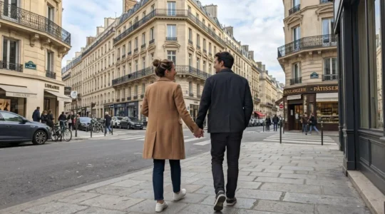 Un couple trentenaire vu de profil marche dans une rue parisienne typique du 8ème arrondissement bordée d'immeubles haussmanniens élégants