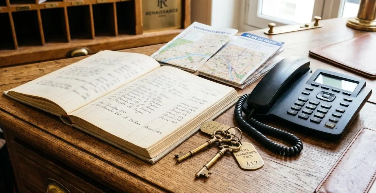 Vue en gros plan d'un bureau de conciergerie d'hôtel avec registre ouvert, clés dorées anciennes et cartes de Paris pliées