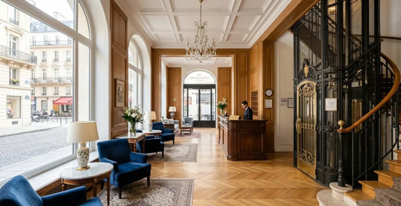 Hall d'entrée d'un hôtel parisien élégant avec fauteuils en velours, boiseries nobles et lumière naturelle abondante