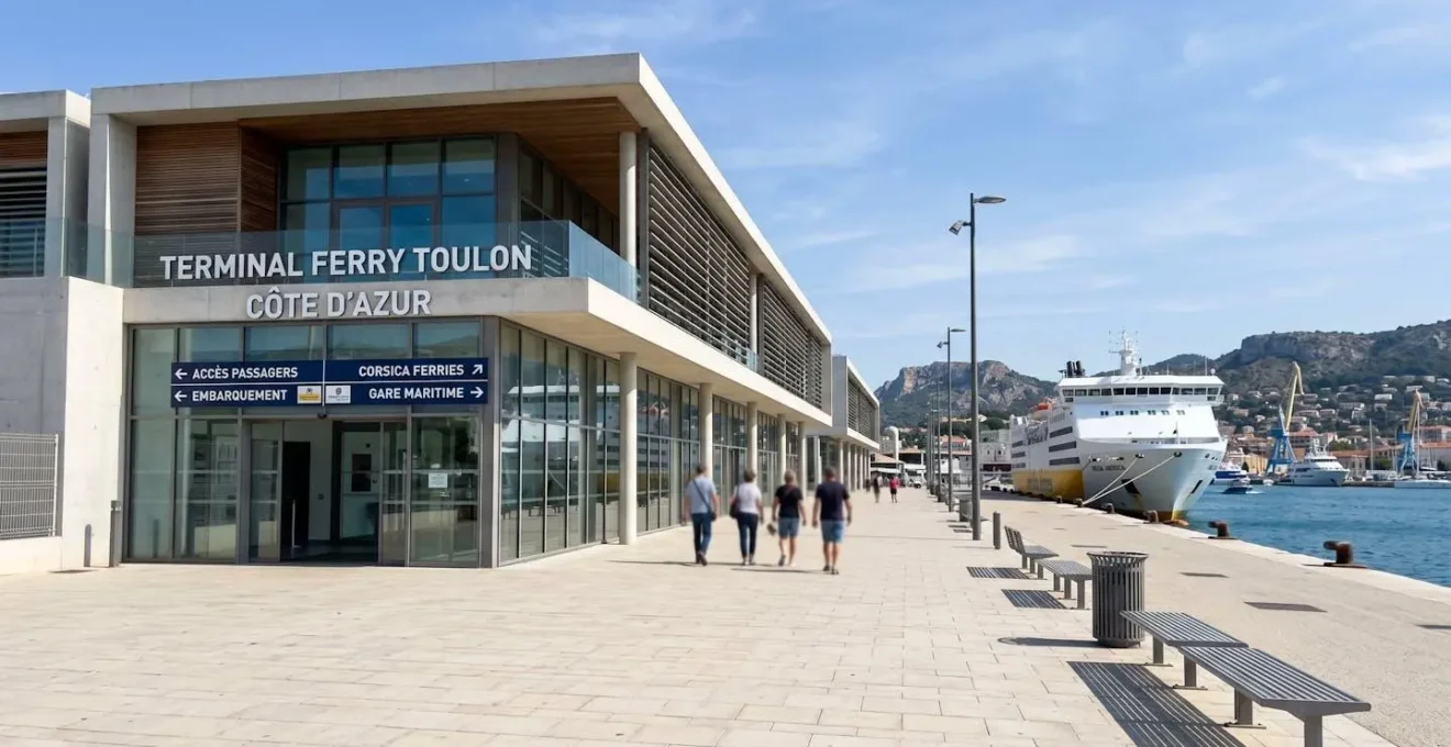 Vue large d'un bâtiment de terminal de ferry moderne à Toulon ou Nice avec une signalétique claire, en pleine lumière naturelle du jour, architecture contemporaine épurée, sans personne au premier plan